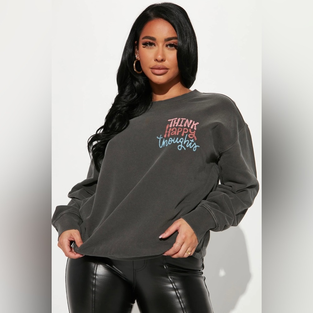 Fashion Nova Think Happy Thoughts Washed Crewneck Sweatshirt